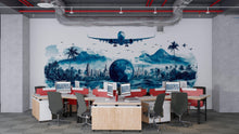 Load image into Gallery viewer, Travel Agency Wall Decal, Airplane World Map Wall Art, Travel Office Decor, Vacation Planner Wall Mural, Tourism Agency Decor