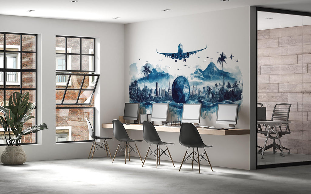 Travel Agency Wall Decal, Airplane World Map Wall Art, Travel Office Decor, Vacation Planner Wall Mural, Tourism Agency Decor