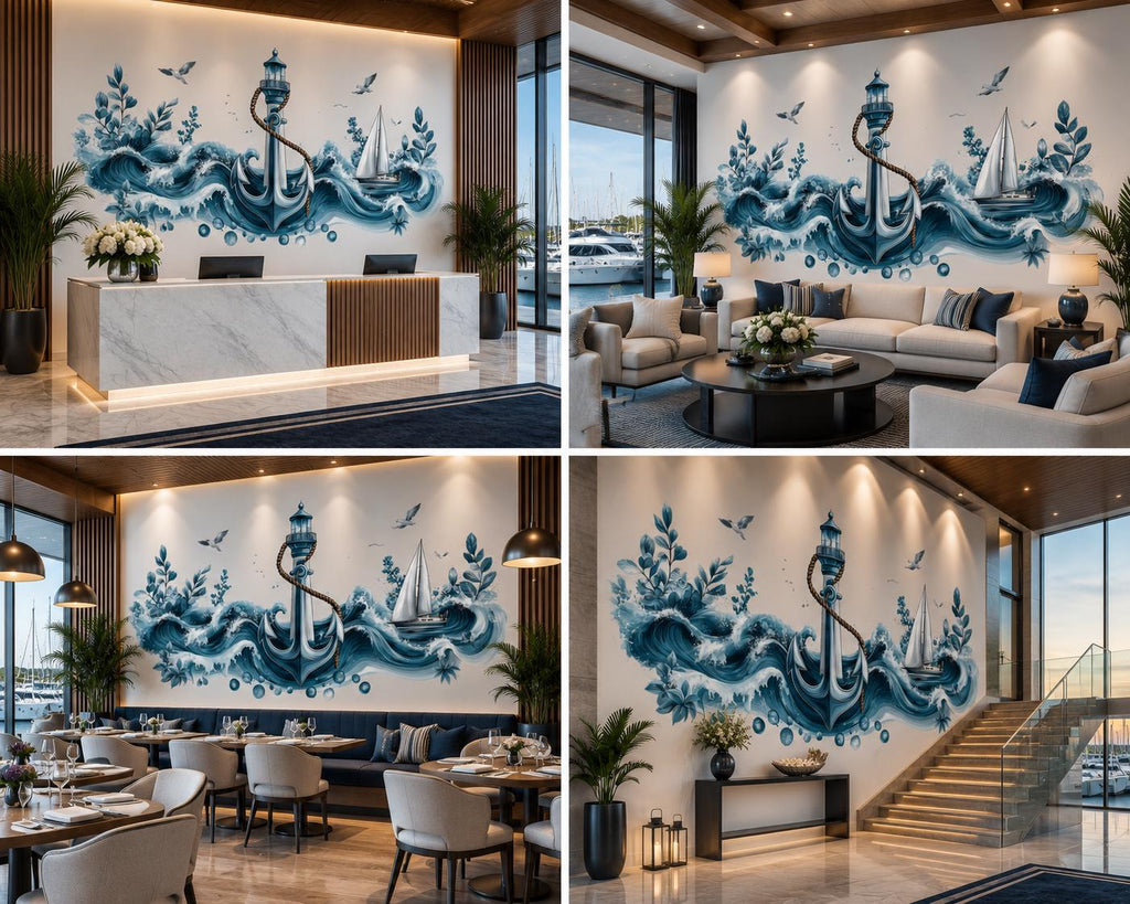 Anchor Wall Decal, Lighthouse Ocean Wave Wall Art, Yacht Club Marina Nautical Decor