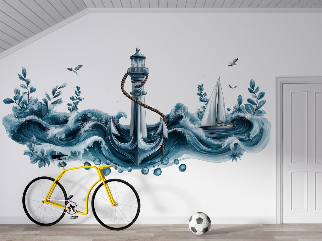Anchor Wall Decal, Lighthouse Ocean Wave Wall Art, Yacht Club Marina Nautical Decor