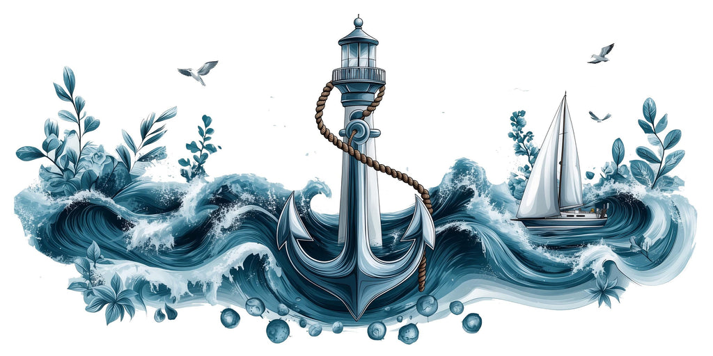 Anchor Wall Decal, Lighthouse Ocean Wave Wall Art, Yacht Club Marina Nautical Decor