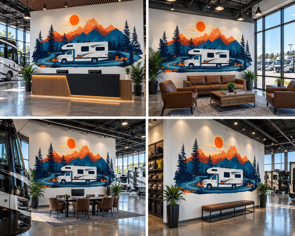RV Wall Decal, Motorhome Dealership Wall Art, Camper Mountain Decor, RV Showroom Mural, Camping Adventure Wall Decal