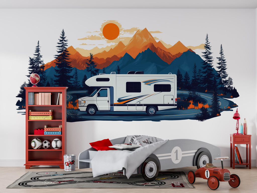 RV Wall Decal, Motorhome Dealership Wall Art, Camper Mountain Decor, RV Showroom Mural, Camping Adventure Wall Decal