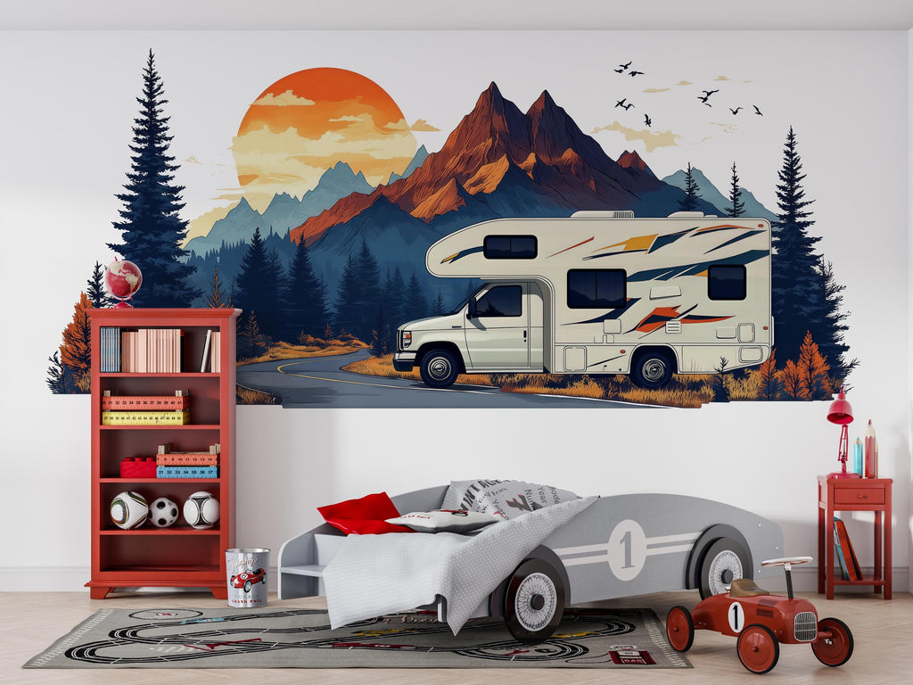 RV Wall Decal, Motorhome Dealership Decor, Camper Showroom Wall Art, Mountain RV Mural, Camping Adventure Wall Decal