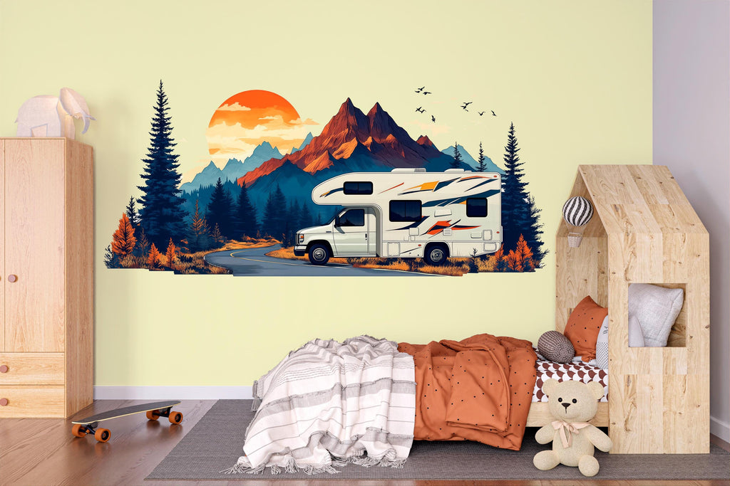RV Wall Decal, Motorhome Dealership Decor, Camper Showroom Wall Art, Mountain RV Mural, Camping Adventure Wall Decal