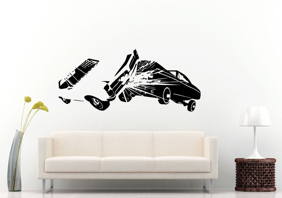 Two Cars Vehicle American Muscle Crashing Wrecking Into Each Other Road Hit Accident Wall Decal Vinyl Sticker Mural Room Decor L1271