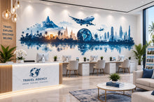 Load image into Gallery viewer, Travel Agency Wall Decal, World Travel Wall Art, Airplane City Skyline Mural, Tourism Office Decor, Vacation Planner Wall Decal