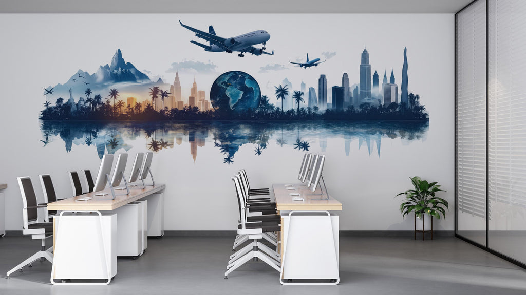 Travel Agency Wall Decal, World Travel Wall Art, Airplane City Skyline Mural, Tourism Office Decor, Vacation Planner Wall Decal