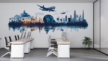 Load image into Gallery viewer, Travel Agency Wall Decal, World Travel Wall Art, Airplane City Skyline Mural, Tourism Office Decor, Vacation Planner Wall Decal