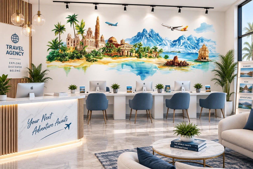 Travel Agency Wall Decal, Tropical World Travel Wall Art, Airplane Mountain Mural, Tourism Office Decor, Vacation Planner Decor