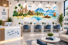 Load image into Gallery viewer, Travel Agency Wall Decal, Tropical World Travel Wall Art, Airplane Mountain Mural, Tourism Office Decor, Vacation Planner Decor