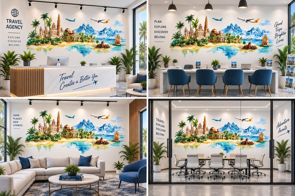 Travel Agency Wall Decal, Tropical World Travel Wall Art, Airplane Mountain Mural, Tourism Office Decor, Vacation Planner Decor