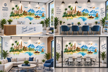 Load image into Gallery viewer, Travel Agency Wall Decal, Tropical World Travel Wall Art, Airplane Mountain Mural, Tourism Office Decor, Vacation Planner Decor