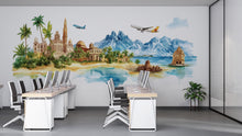 Load image into Gallery viewer, Travel Agency Wall Decal, Tropical World Travel Wall Art, Airplane Mountain Mural, Tourism Office Decor, Vacation Planner Decor
