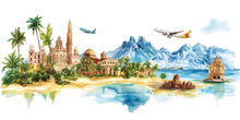Load image into Gallery viewer, Travel Agency Wall Decal, Tropical World Travel Wall Art, Airplane Mountain Mural, Tourism Office Decor, Vacation Planner Decor