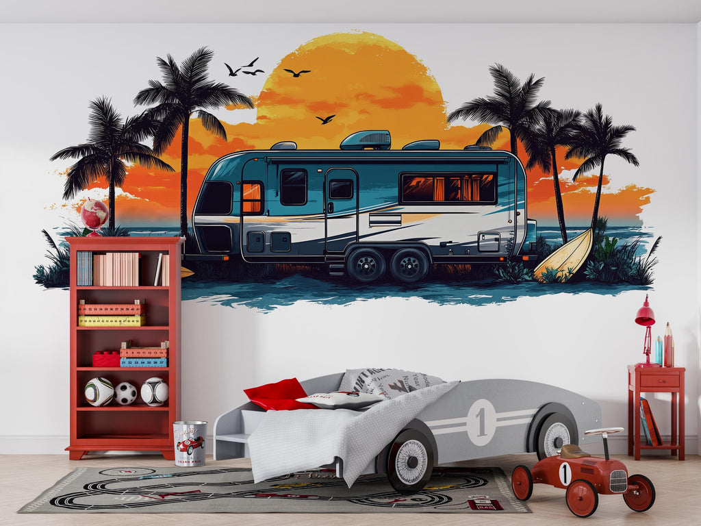 RV Wall Decal, Camper Dealership Decor, Travel Trailer Wall Art, RV Showroom Mural, Tropical Camping Wall Decal