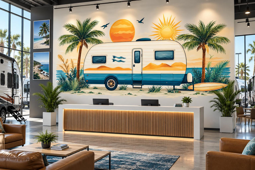 Camper Wall Decal, RV Dealership Decor, Travel Trailer Wall Art, Coastal RV Showroom Decor, Beach Camping Wall Decal