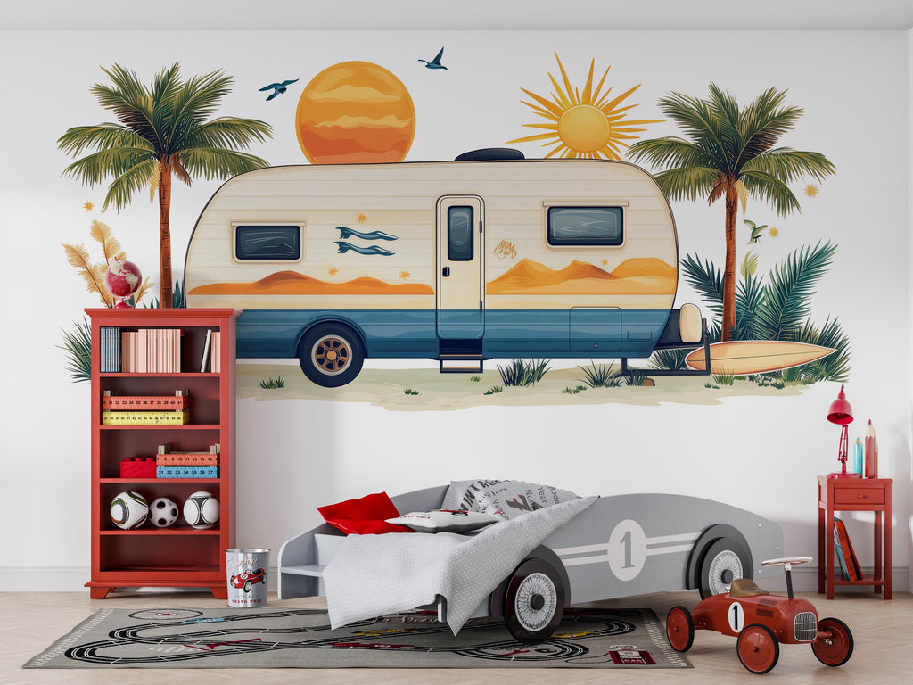 Camper Wall Decal, RV Dealership Decor, Travel Trailer Wall Art, Coastal RV Showroom Decor, Beach Camping Wall Decal