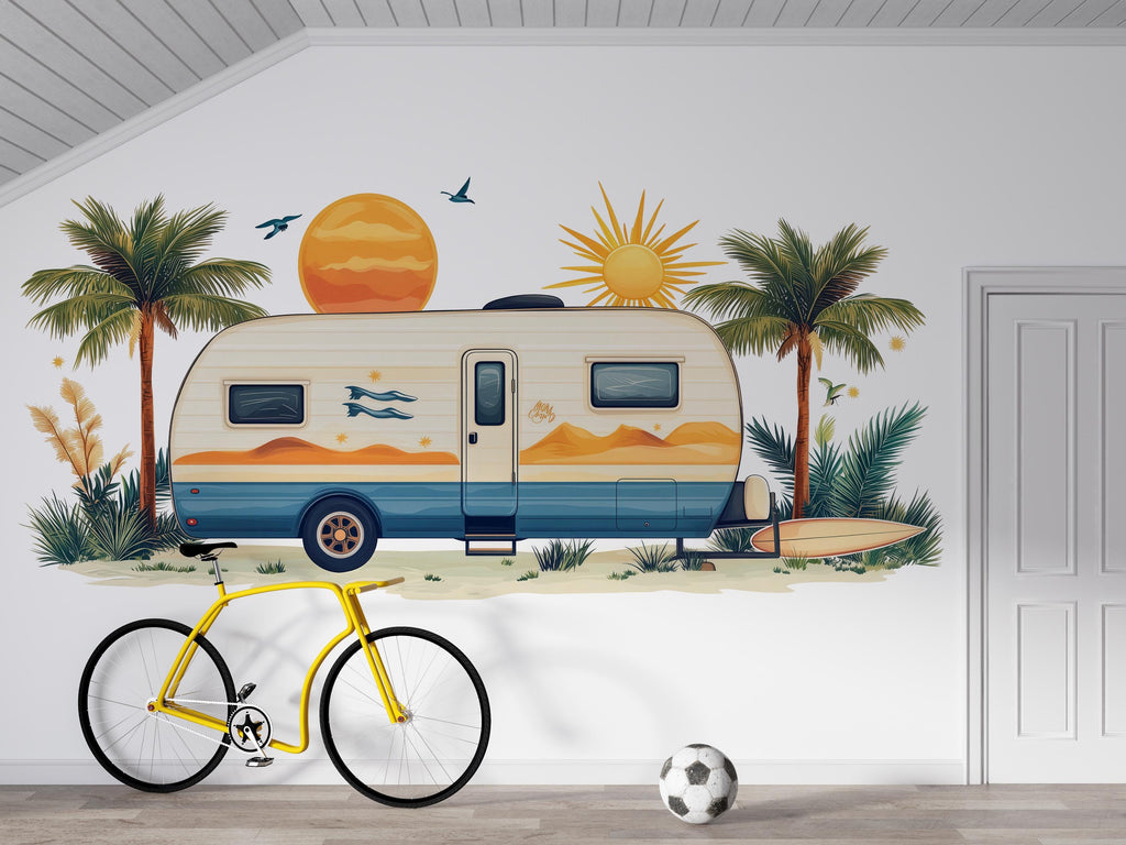 Camper Wall Decal, RV Dealership Decor, Travel Trailer Wall Art, Coastal RV Showroom Decor, Beach Camping Wall Decal
