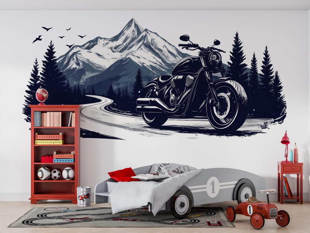 Motorcycle Wall Decal, Harley Style Dealership Decor, Cruiser Bike Wall Art, Motorcycle Showroom Decor, Mountain Road Decal