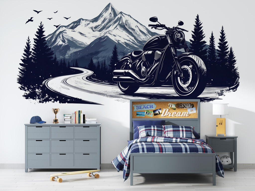 Motorcycle Wall Decal, Harley Style Dealership Decor, Cruiser Bike Wall Art, Motorcycle Showroom Decor, Mountain Road Decal