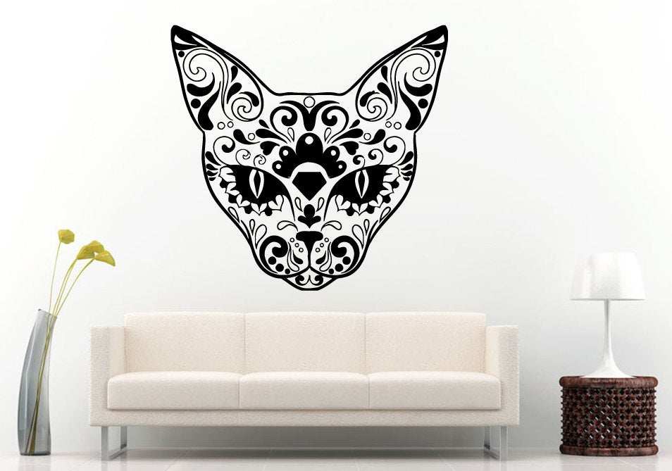 Sugar Skull Design Animal Cat Head Halloween Wall Decal Vinyl Sticker Mural Room Decor L1285