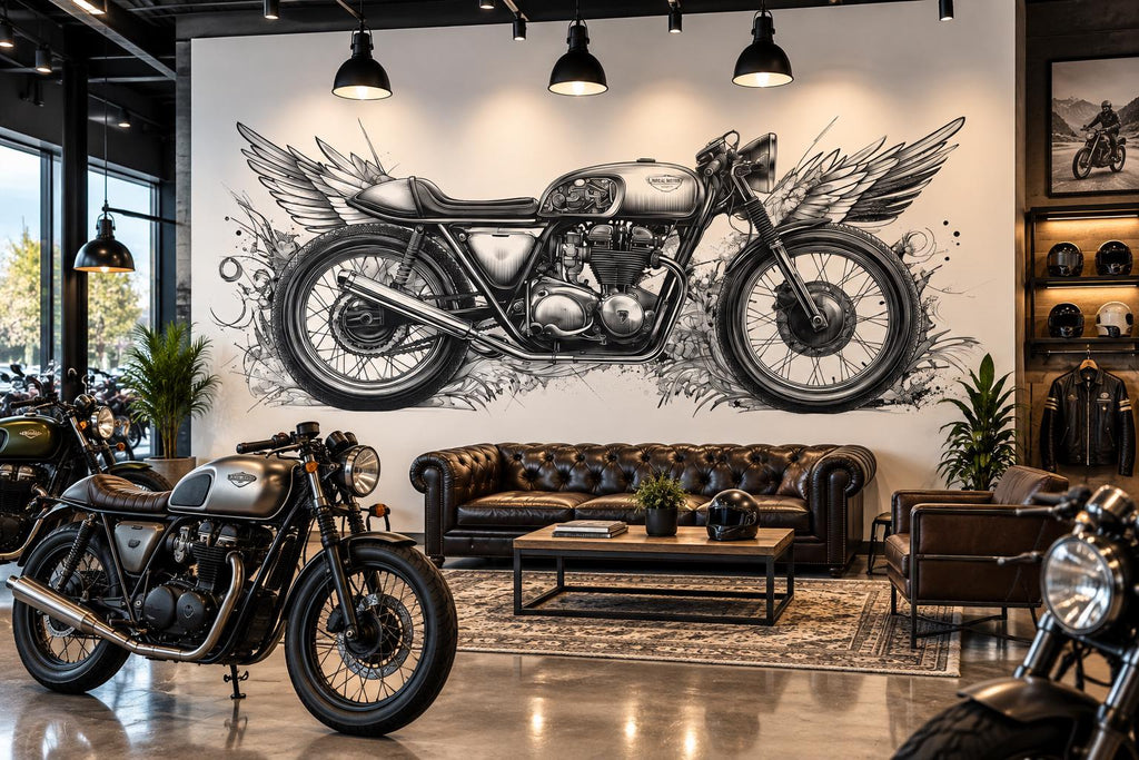 Cafe Racer Wall Decal, Winged Motorcycle Wall Art, Vintage Motorcycle Decor, Motorcycle Shop Decor, Biker Garage Wall Graphic