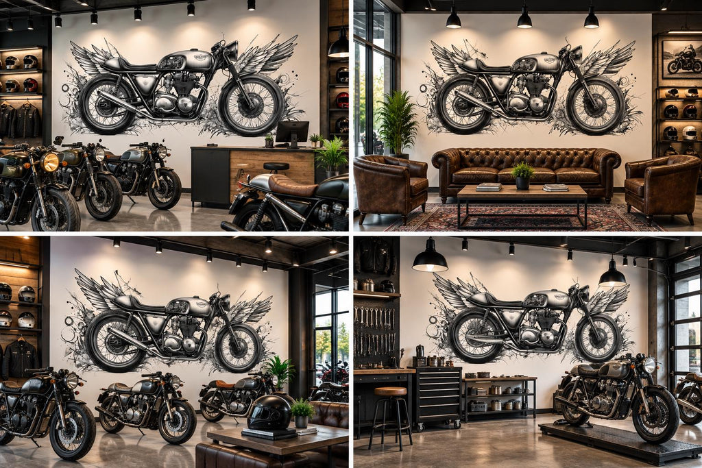 Cafe Racer Wall Decal, Winged Motorcycle Wall Art, Vintage Motorcycle Decor, Motorcycle Shop Decor, Biker Garage Wall Graphic