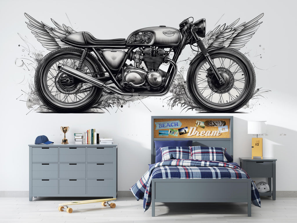 Cafe Racer Wall Decal, Winged Motorcycle Wall Art, Vintage Motorcycle Decor, Motorcycle Shop Decor, Biker Garage Wall Graphic