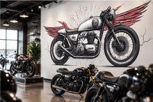 Load image into Gallery viewer, Cafe Racer Wall Decal, Winged Motorcycle Wall Art, Vintage Motorcycle Decor, Motorcycle Dealership Decor, Biker Garage Decal