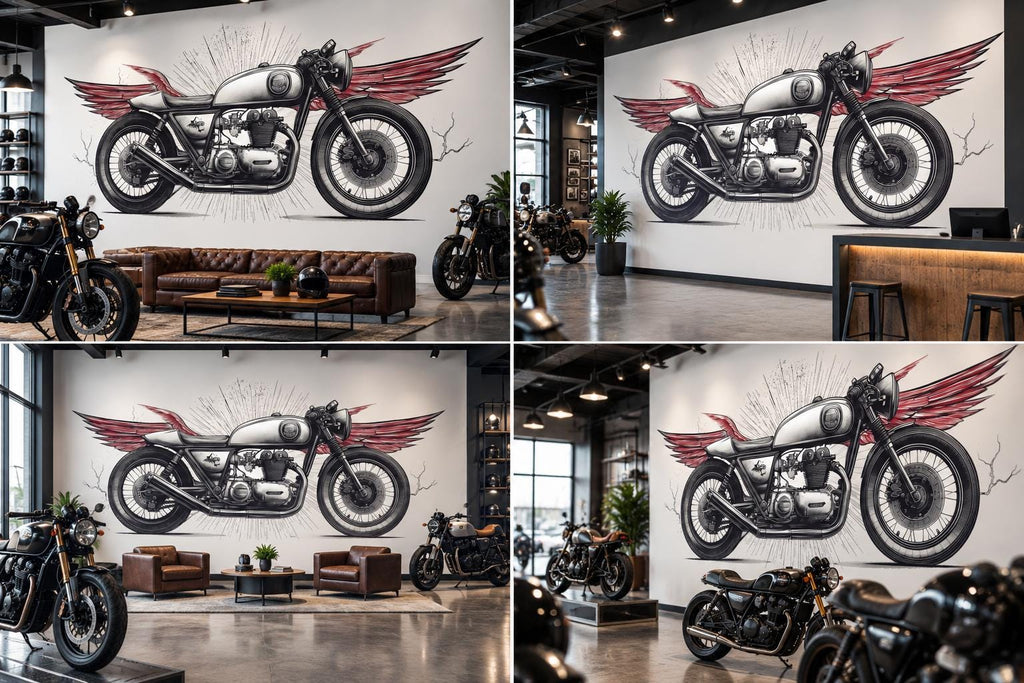 Cafe Racer Wall Decal, Winged Motorcycle Wall Art, Vintage Motorcycle Decor, Motorcycle Dealership Decor, Biker Garage Decal