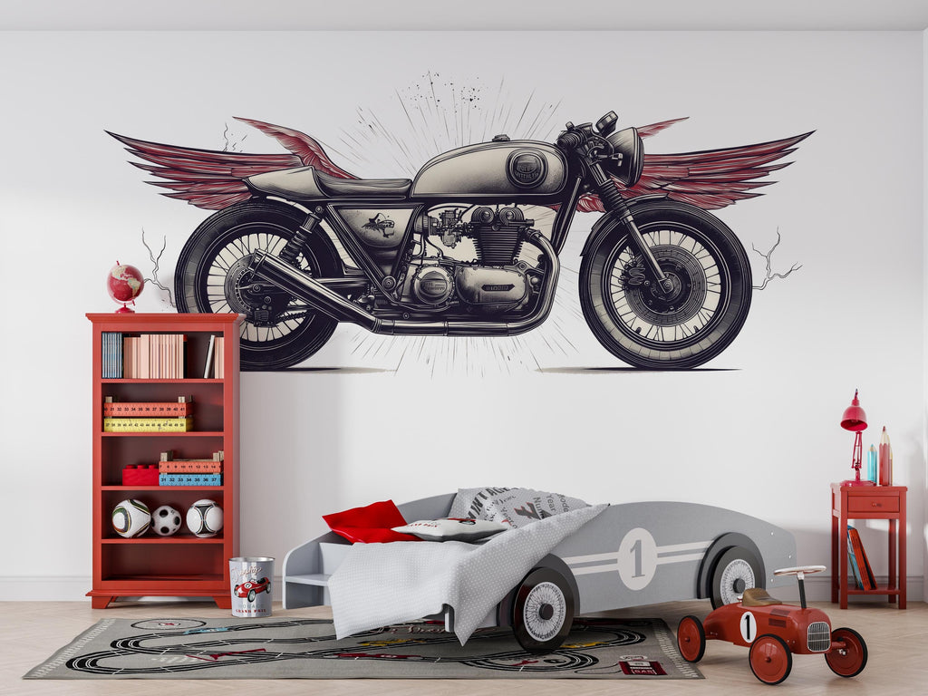 Cafe Racer Wall Decal, Winged Motorcycle Wall Art, Vintage Motorcycle Decor, Motorcycle Dealership Decor, Biker Garage Decal