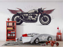 Load image into Gallery viewer, Cafe Racer Wall Decal, Winged Motorcycle Wall Art, Vintage Motorcycle Decor, Motorcycle Dealership Decor, Biker Garage Decal