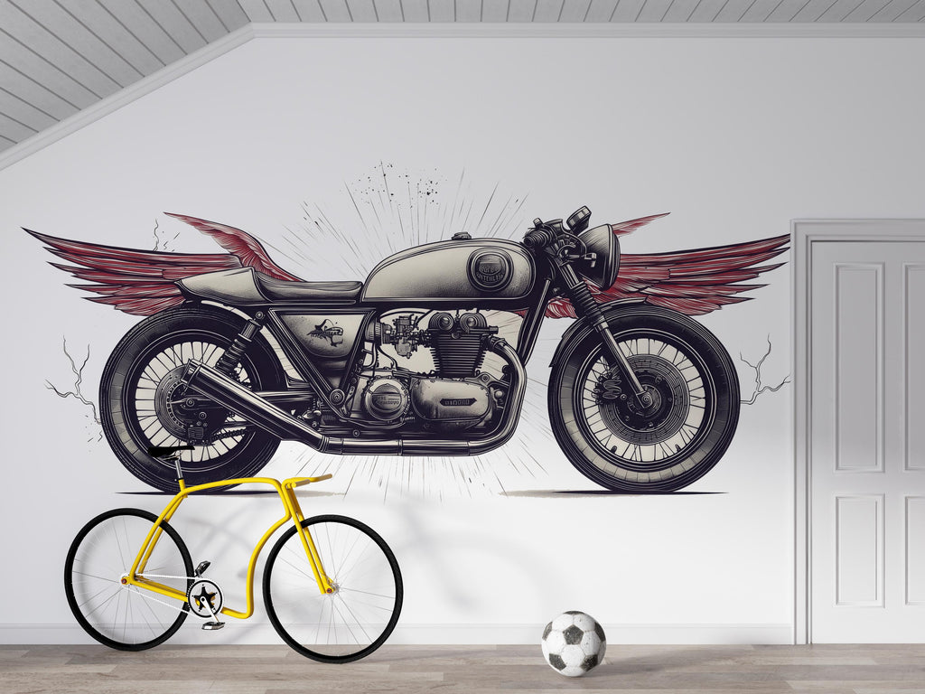 Cafe Racer Wall Decal, Winged Motorcycle Wall Art, Vintage Motorcycle Decor, Motorcycle Dealership Decor, Biker Garage Decal
