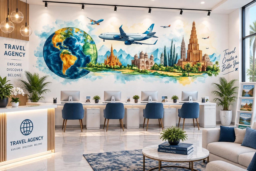 Travel Agency Wall Decal, World Globe Airplane Wall Art, Landmark Travel Mural, Tourism Office Decor, Travel Agent Wall Decor