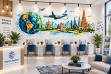 Load image into Gallery viewer, Travel Agency Wall Decal, World Globe Airplane Wall Art, Landmark Travel Mural, Tourism Office Decor, Travel Agent Wall Decor