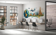 Load image into Gallery viewer, Travel Agency Wall Decal, World Globe Airplane Wall Art, Landmark Travel Mural, Tourism Office Decor, Travel Agent Wall Decor