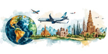 Load image into Gallery viewer, Travel Agency Wall Decal, World Globe Airplane Wall Art, Landmark Travel Mural, Tourism Office Decor, Travel Agent Wall Decor