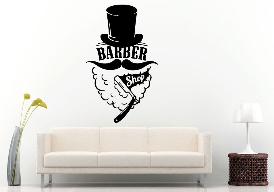 Barber Shop Hair Cutters Shaving Cream Strait Razor Mustage Top Hat Logo Sign Emblem Window Wall Decal Vinyl Sticker Mural Room Decor L1292