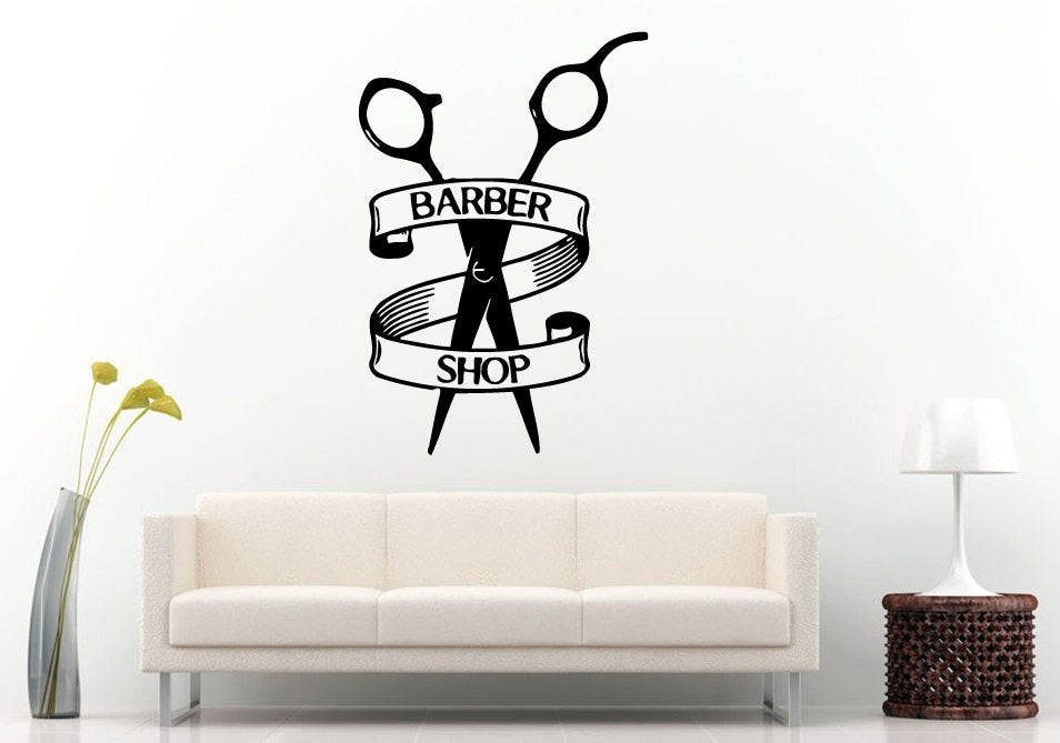 Barber Shop Ribbon Around Scissors Tool Logo Sign Emblem Window Wall Decal Vinyl Sticker Mural Room Decor L1297