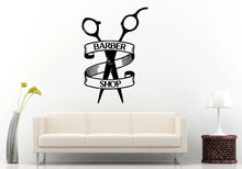 Load image into Gallery viewer, Barber Shop Ribbon Around Scissors Tool Logo Sign Emblem Window Wall Decal Vinyl Sticker Mural Room Decor L1297