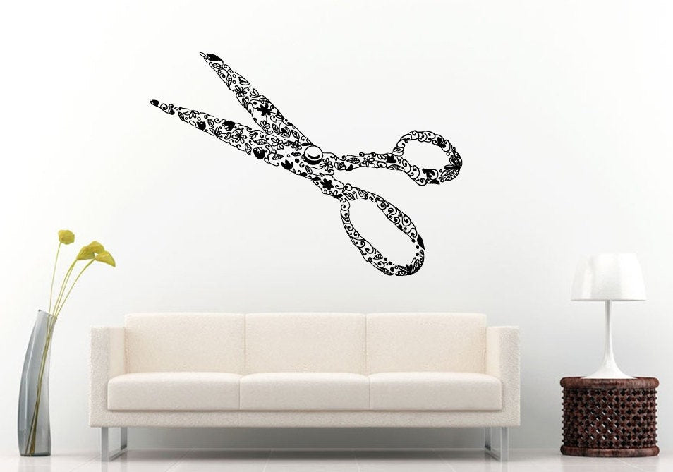 Hair Salon Barbershop Style Cutting Flower Scissors Tools Wall Decal Vinyl Sticker Mural Room Decor L1300