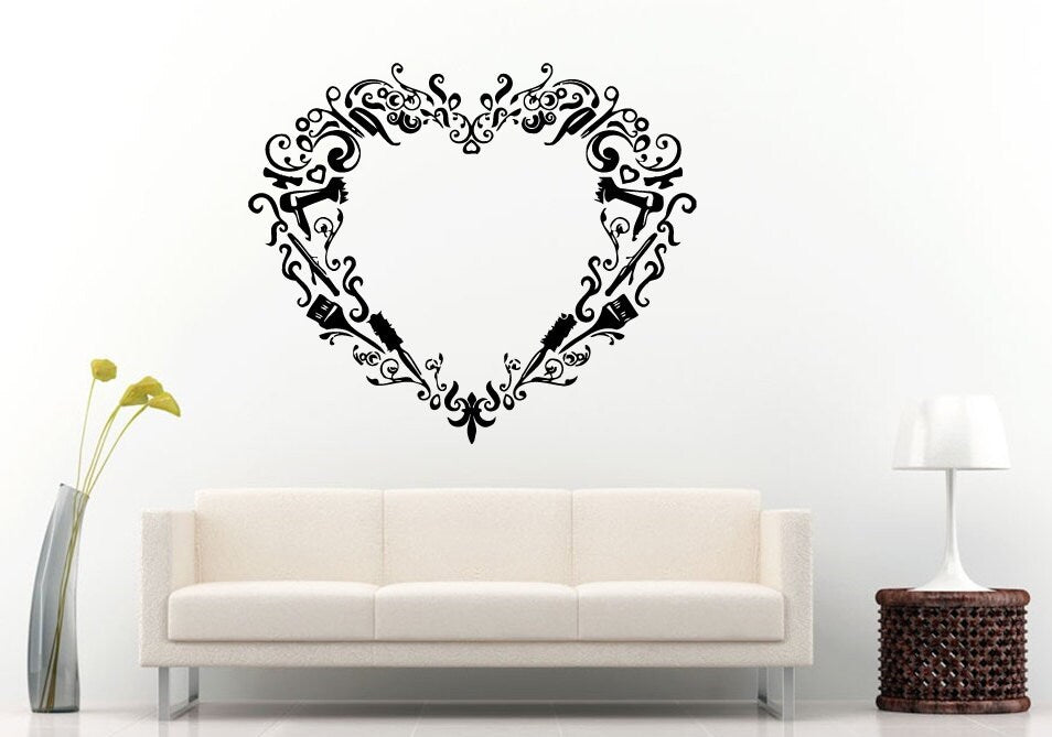 Hair Salon Barbershop Style Cutting Flower Scissors Tools Vintage Old Retro Love Heart Shape Wall Decal Vinyl Sticker Mural Room Decor L1304