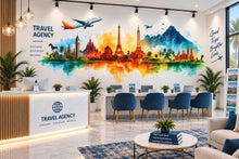 Load image into Gallery viewer, Travel Agency Wall Decal, Colorful World Landmark Wall Art, Airplane Mural, Travel Office Decor, Tourism Business Wall Graphic