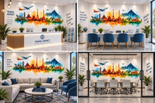 Load image into Gallery viewer, Travel Agency Wall Decal, Colorful World Landmark Wall Art, Airplane Mural, Travel Office Decor, Tourism Business Wall Graphic