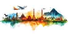 Load image into Gallery viewer, Travel Agency Wall Decal, Colorful World Landmark Wall Art, Airplane Mural, Travel Office Decor, Tourism Business Wall Graphic
