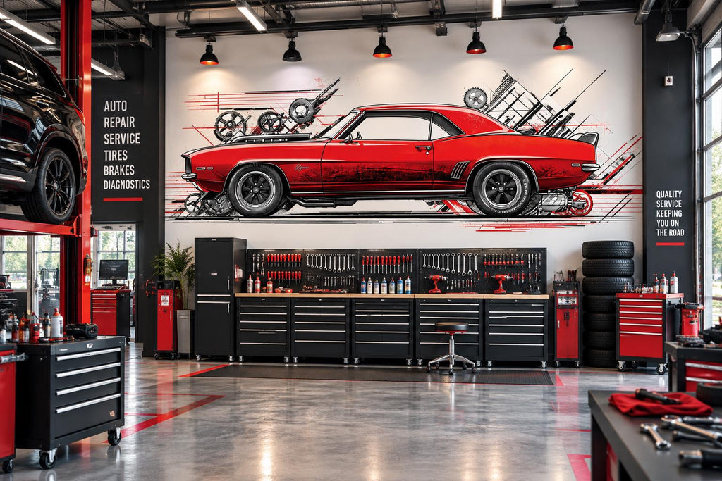 Red Muscle Car Wall Decal, Classic Car Wall Art, Auto Repair Shop Decor, Vintage Car Garage Decal, Automotive Garage Decor