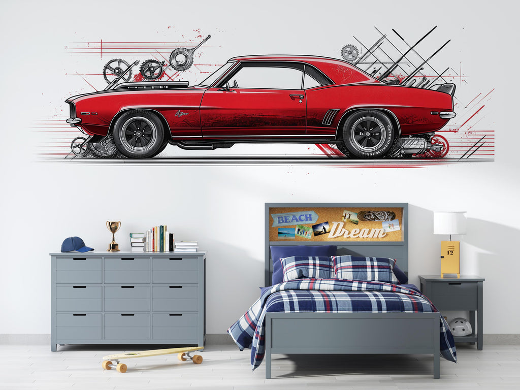 Red Muscle Car Wall Decal, Classic Car Wall Art, Auto Repair Shop Decor, Vintage Car Garage Decal, Automotive Garage Decor