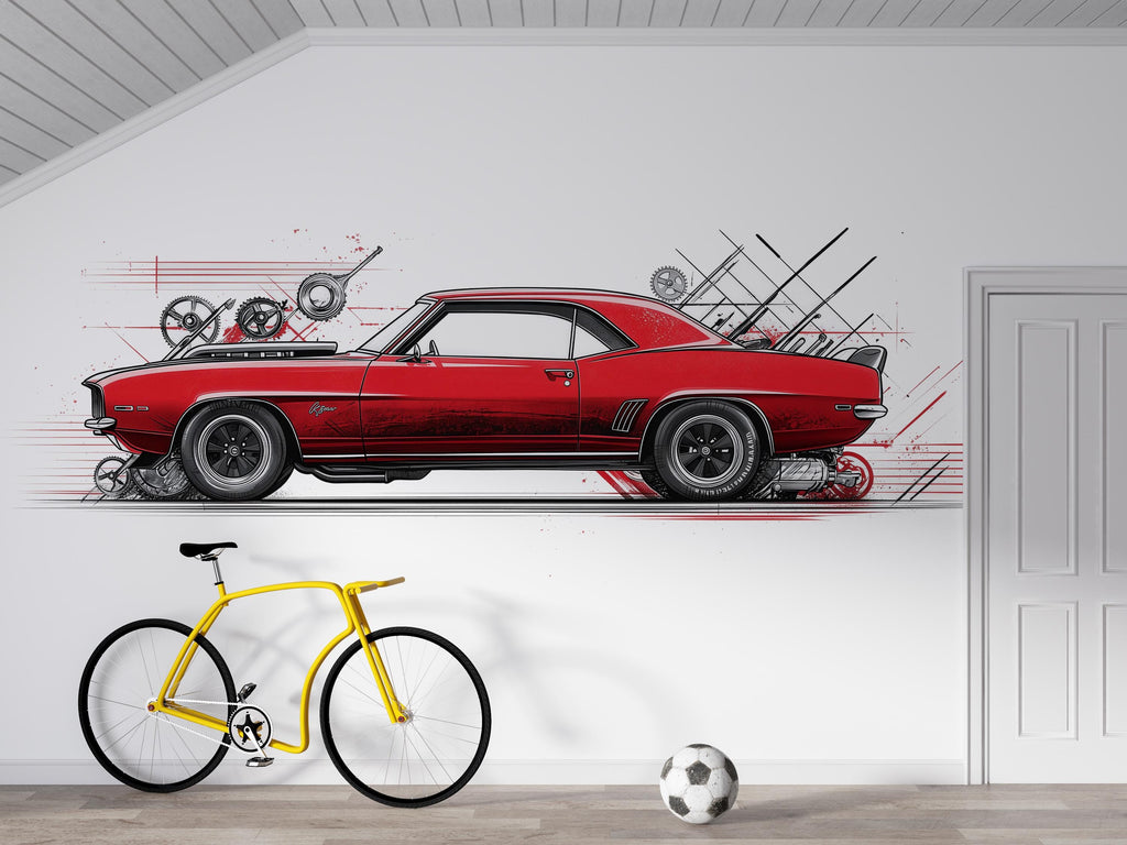 Red Muscle Car Wall Decal, Classic Car Wall Art, Auto Repair Shop Decor, Vintage Car Garage Decal, Automotive Garage Decor