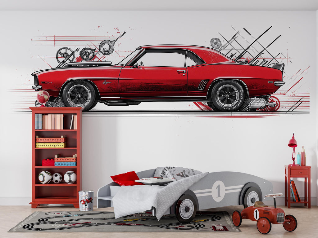 Red Muscle Car Wall Decal, Classic Car Wall Art, Auto Repair Shop Decor, Vintage Car Garage Decal, Automotive Garage Decor